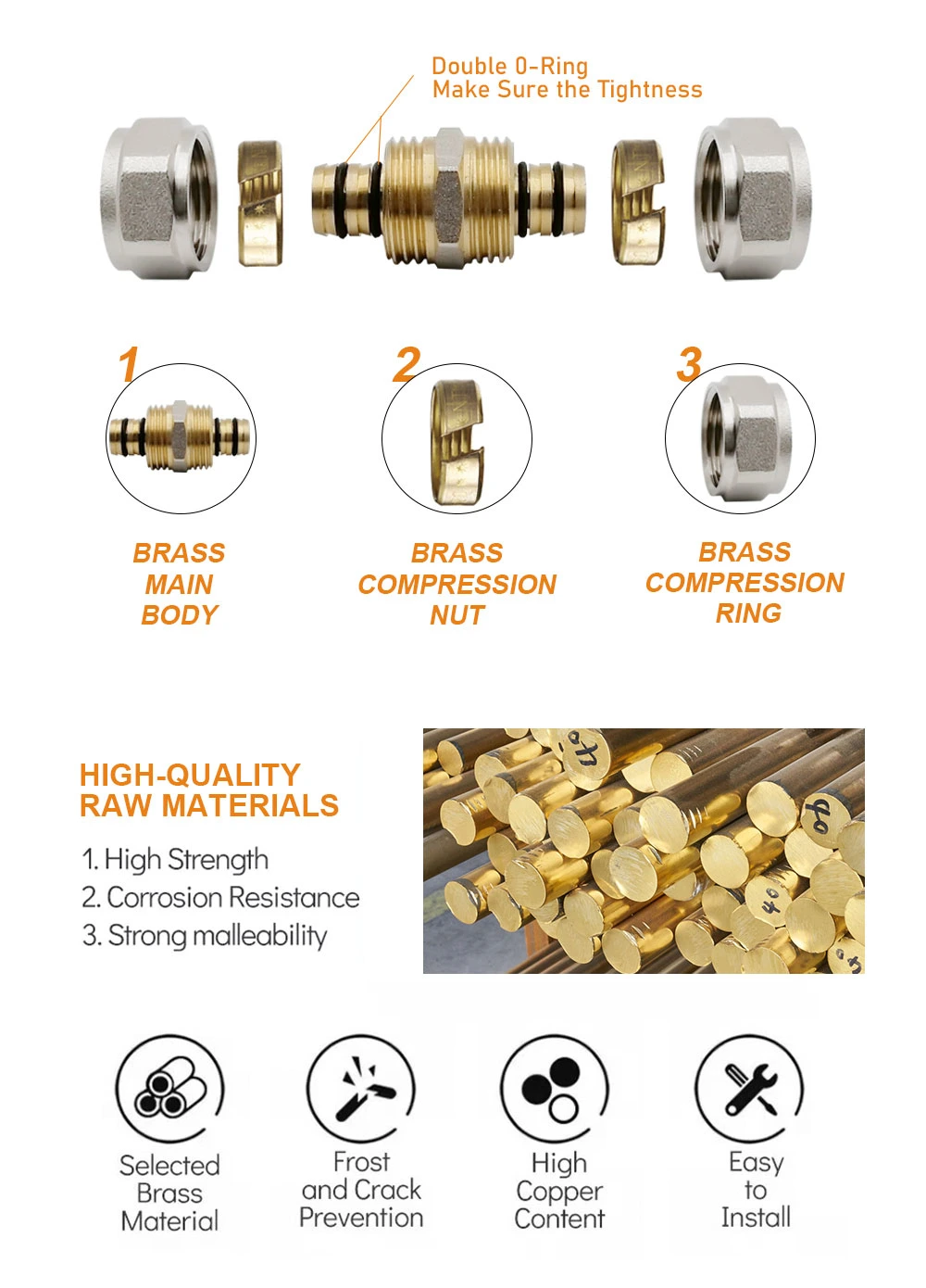 16mm X 16mm X 16mm Equal 16/18/20/25/32mm Tee Pex-Al-Pex Brass Compression Fittings for Pex-Al-Pex Multilayer Pipe